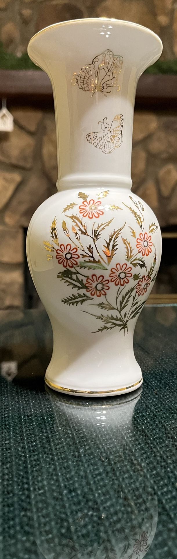 Vintage Cream Colored Vase With Red Daisies, Butterflies, And Gilt Accents 8.5”