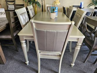 BRAND NEW 84" X 42" X 30"H SILVER CHAMPAGNE DINING TABLE + 6 CHAIRS