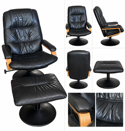 Black Leather Swivel Recliner Chair w/ Ottoman – Wood Accents