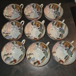 Antique Japanese kutani eggshell porcelain tea cups