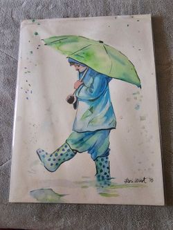 Original Watercolor Painting Rainy Day Figure