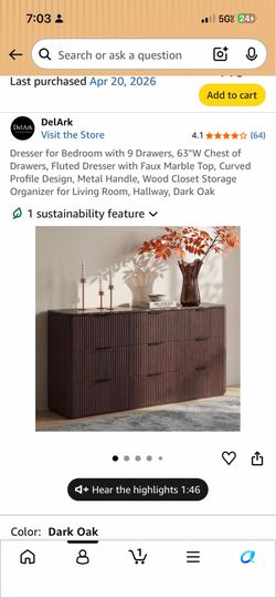 Dresser for Bedroom with 9 Drawers, 63"W Chest of Drawers, Fluted Dresser with Faux Marble Top, Curved Profile Design, Metal Handle, Wood Closet Stora