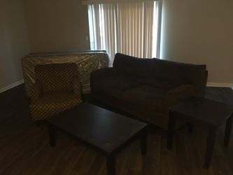 Complete living room suit, which also comes with a brand new twin sized bed and box spring, and even a little lamp