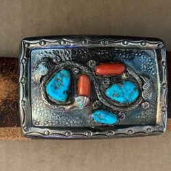 Silver Belt Buckle Corral And Turquoise 
