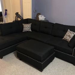Brand New Black Linen Sectional Sofa Couch With Ottoman