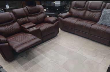 Memorial Day sale. Santiago Brown, leather reclining sofa and loveseat set only $1099. Easy finance option. Same-day delivery.