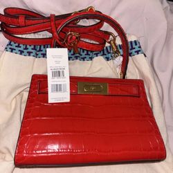 Tory Burch Lee Radziwill petite bag Brilliant Red Croc-Embossed NWT & Dust bag