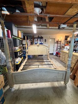Bedroom  set  includes king-size bed frame dresser, and two nightstands