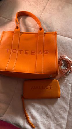 Orange Faux Leather Tote Bag Set with Wallet