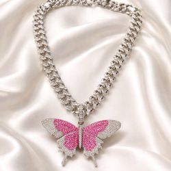 White Gold Filled 20 Cuban Link 10mm with Pink Butterfly Pendant