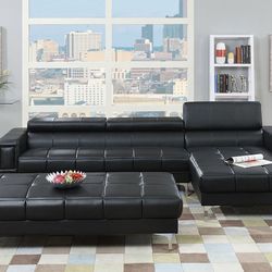 Black Faux Leather Sectional Sofa - Ottoman Sold Separate (Free Delivery)