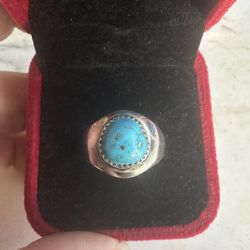 Vintage 925 Sterling Silver, Native Am. Natural Turquoise Ring , Size 9.25, Wide Front Band , Tapers . Marked Sterling 