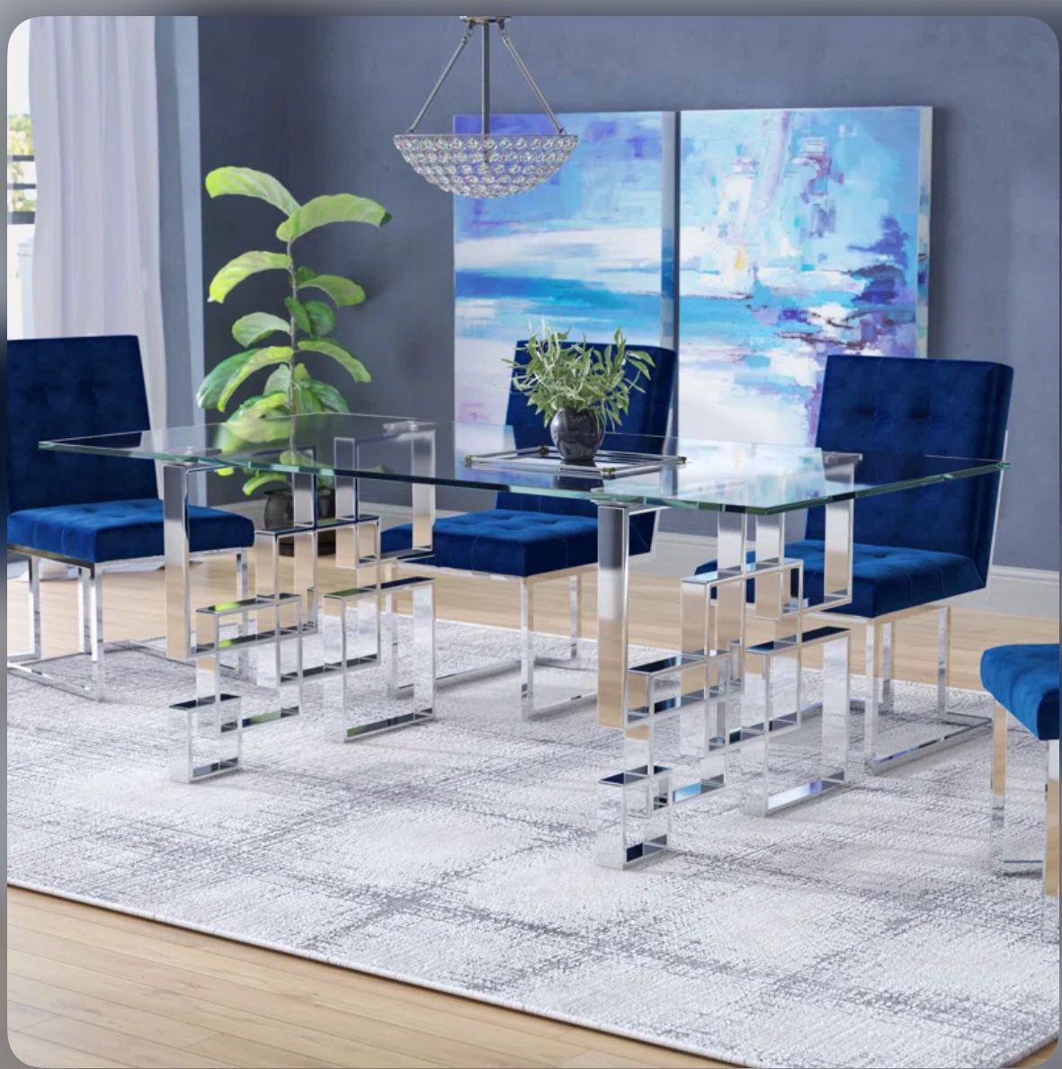 Dining Table With 6 Blue Chairs And 2 End Tables