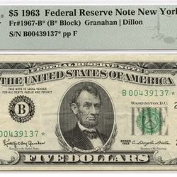 1963 5 Dollar Federal Reserve Star Note GRADED 30 BY PMG