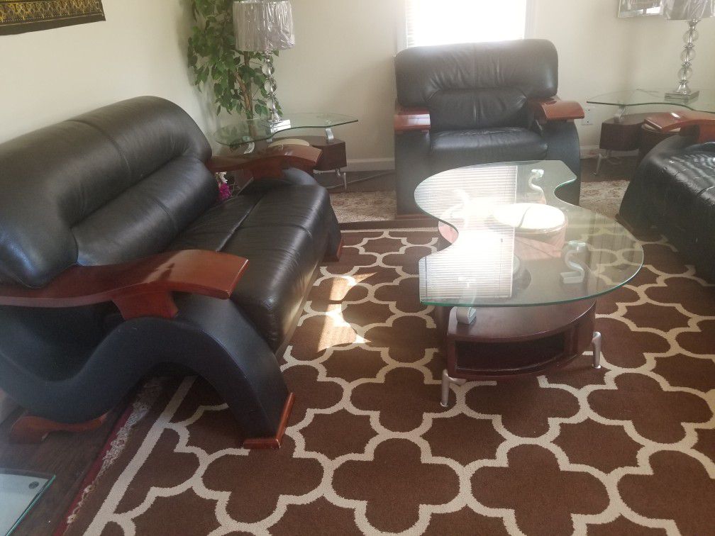 Living room couches sofa set with three tables and four stools and rug