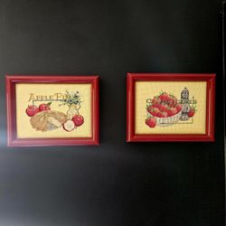 Vintage 1987 Red Apple Pie Strawberries Framed Needlepoint Artwork Wall Hangings