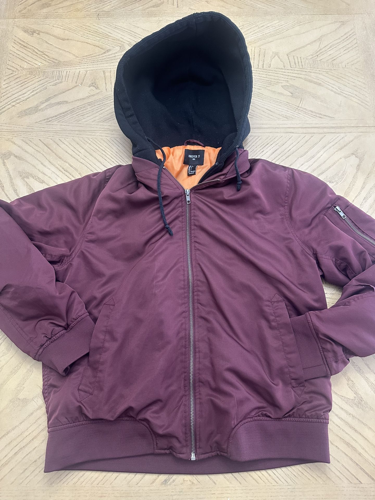 Mens Red Maroon Full Zip Hooded bomber Jacket Size large