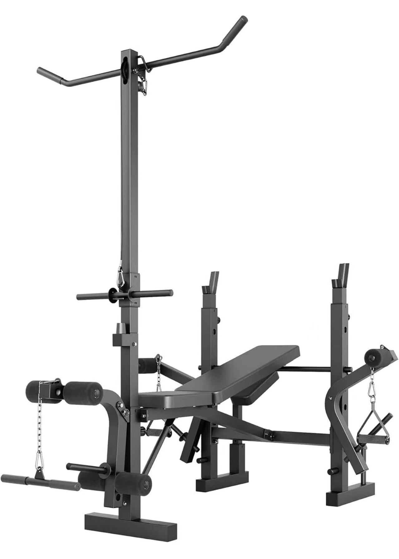 Olympic Weight Bench Set, Multi-Function Bench Press Rack Set with Leg Developer & LAT Pulldown, Foldable Chest Press Bench with Preacher Curl Pad for