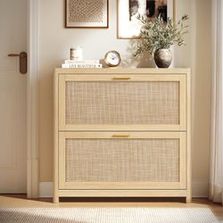 Collection - Boho Shoe Storage Cabinet for Entryway Slim, Entry Shoe Cabinet with Rattan-Look Flip Drawers, Rounded Corners, Narrow for Entrance, Oak 