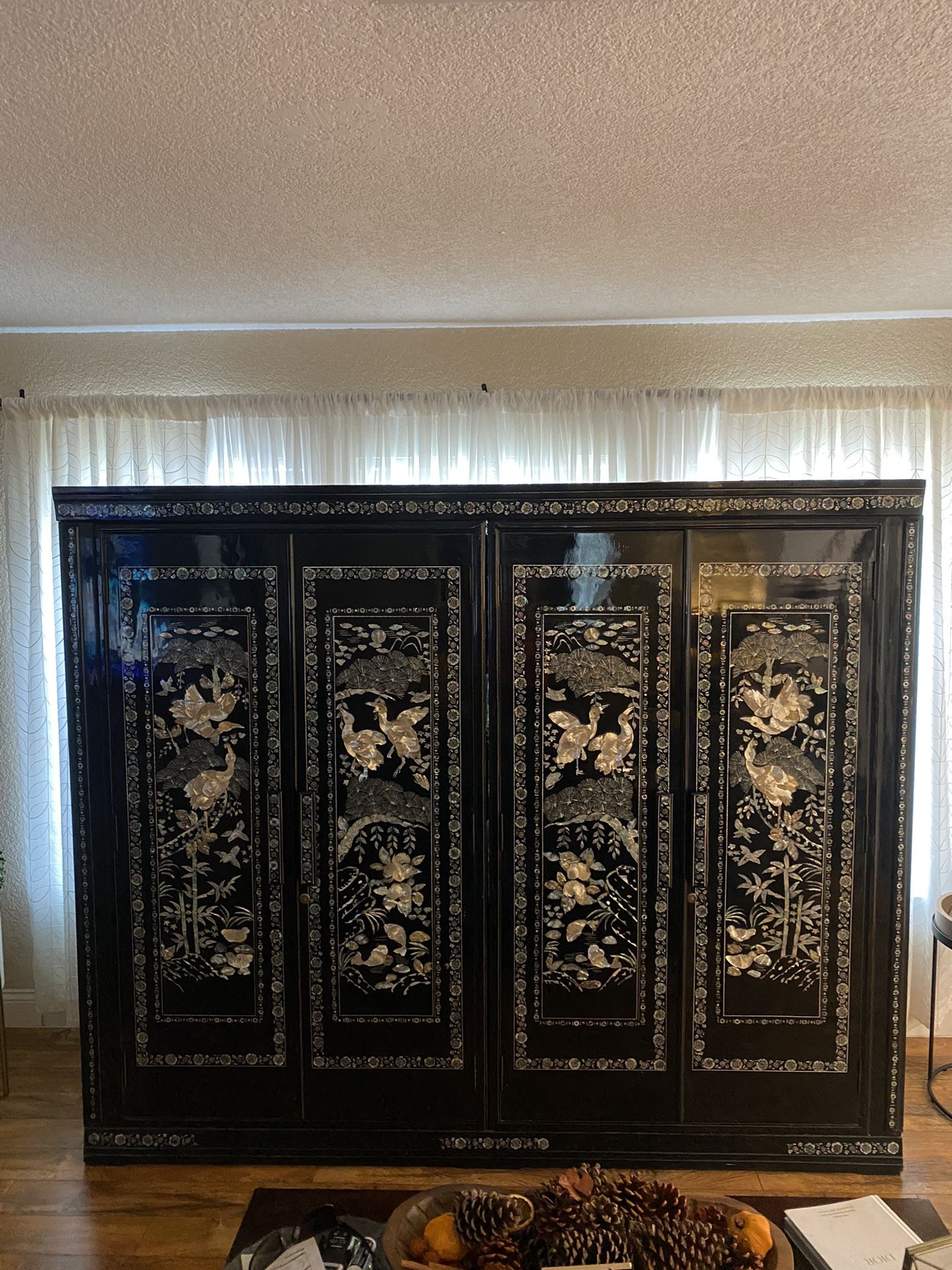 Oriental 4 Door Armoire Black Lacquer With Mother of Pearl Inlays