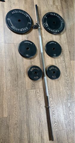 BRAND NEW 5 ft Silver Standard Bar & VINTAGE Weight Plates: 25s, 10s And 5s. (Total: 97 lbs)