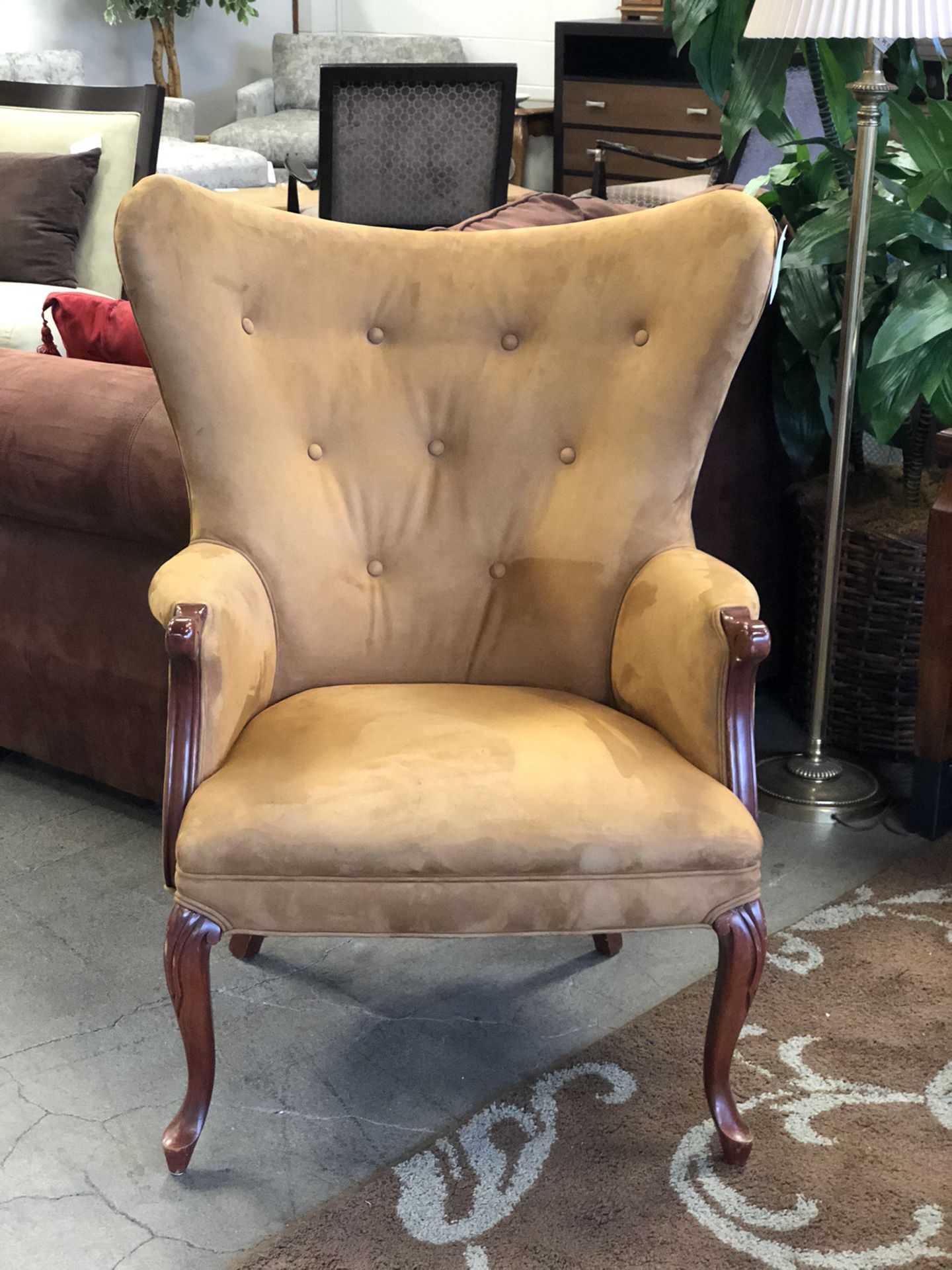 Tan Suede Wingback Chair With Wood Frame