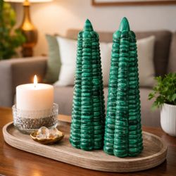 Genuine Hand-Carved Malachite Corn on the Cob Sculptures – Matched Pair – Abundance & Prosperity Decor (Sold as Set)