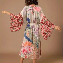 Women's Bohemian Chic Flowy Floral Peacock Print V-Neck Long Sleeve Adjustable Waist-Tie Plus Size Kimono Cardigan
