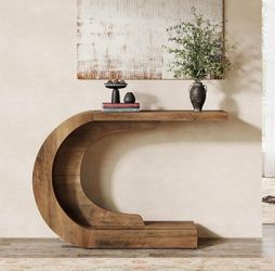 43.3" Mid-Century Modern Console Table for Entryway, Wood C-Shaped Hallway Entry Accent Table for Living Room, Entrance, Foyer, Easy Assembly, Brown