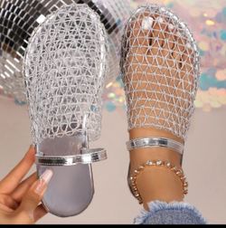 Silver Mesh Rhinestone Flat Sandals