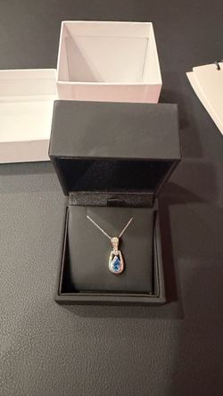 14k White Gold Blue Topaz & Natural Diamond Pave Pendant Necklace
