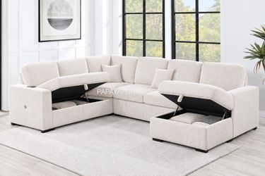 Ivory Cream Beige Sectional Couch Storage Chaise Pullout Sleeper Bed Sofa Set Convert to Bed Large U Shaped Living Room Big Saving Space White Fabric