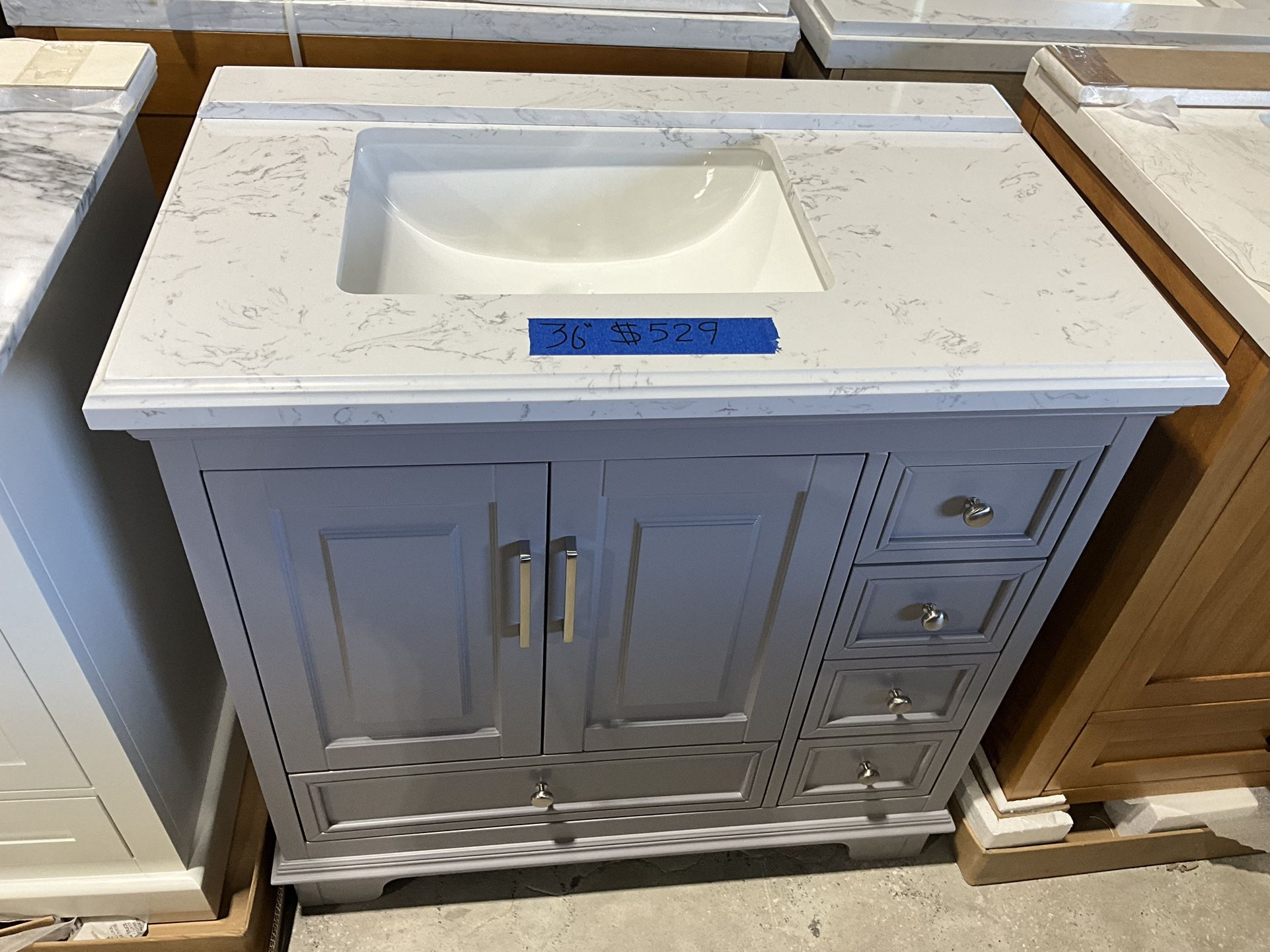 36” Bathroom Vanity in grey , single sink soft close solid wood with vanity top in white $529 Luke’s liquidations warehouse Address: 2434 N Forsyth