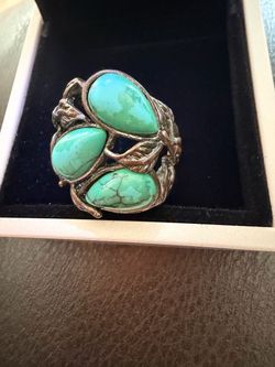 Vintage Statement Turquoise Ring Silver/Copper Tone Leaf Design size 9