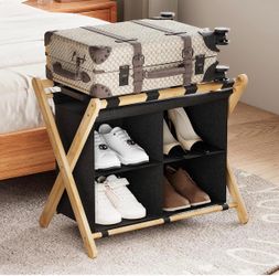 Luggage Rack for Guest Room, Bamboo +Fabric Suitcase Stand Folding