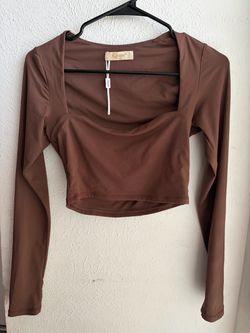Brown Long Sleeve Square Neck Crop Top