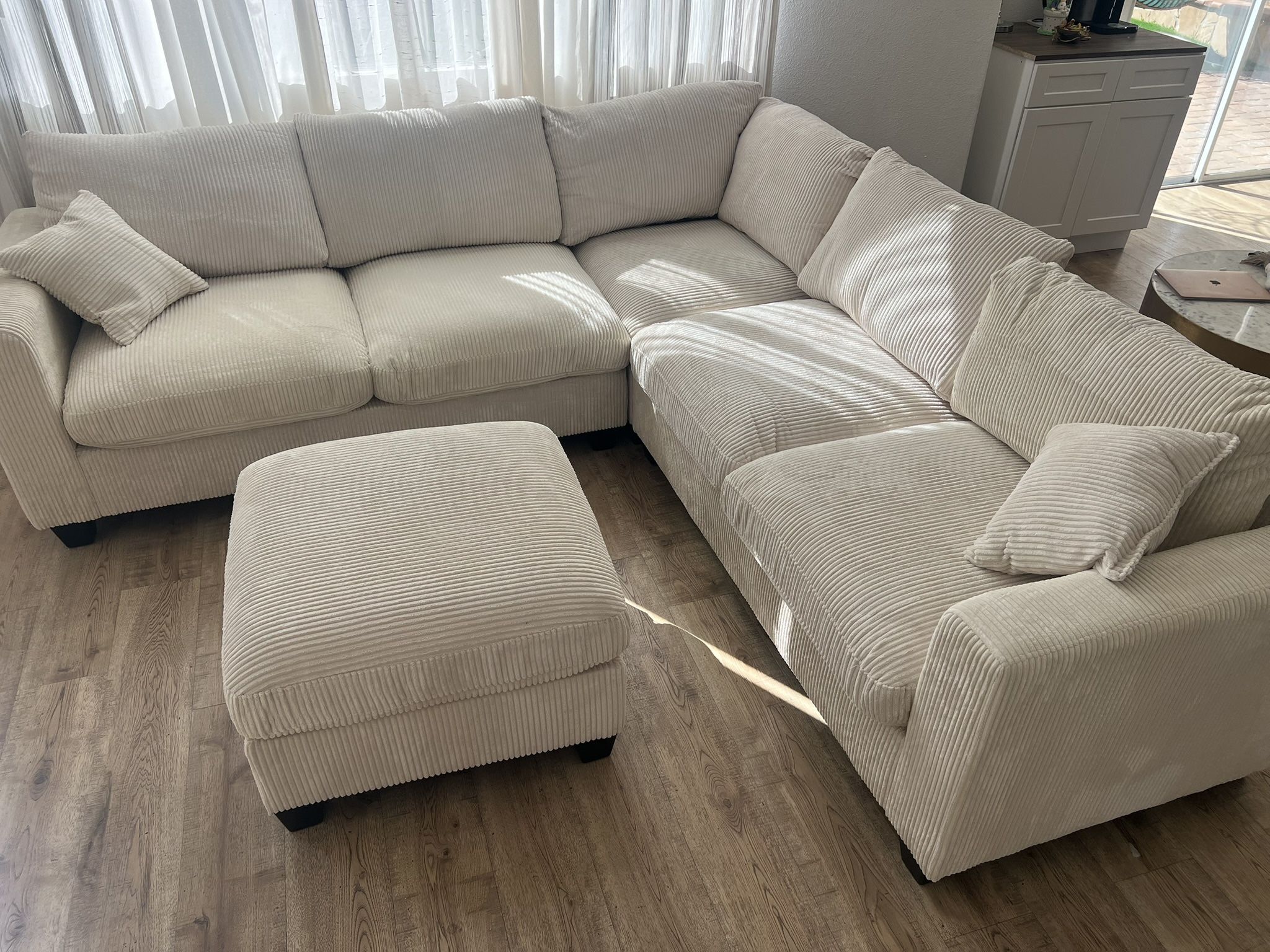 New Corduroy Fabric Sectional. Off White / Beige. 99” X 99”. Free Delivery!
