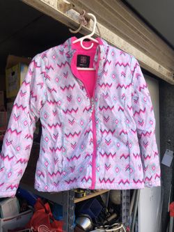 Swiss Tech Girls’ Hooded Jacket, Light Blue and Grey with Pink Lining, size large 10-12