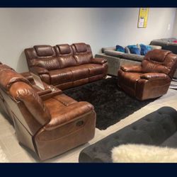 *Memorial Day Now*---Santiago Sleek Brown Leather Reclining 3 Piece Sets---Delivery And Easy Financing Available👏