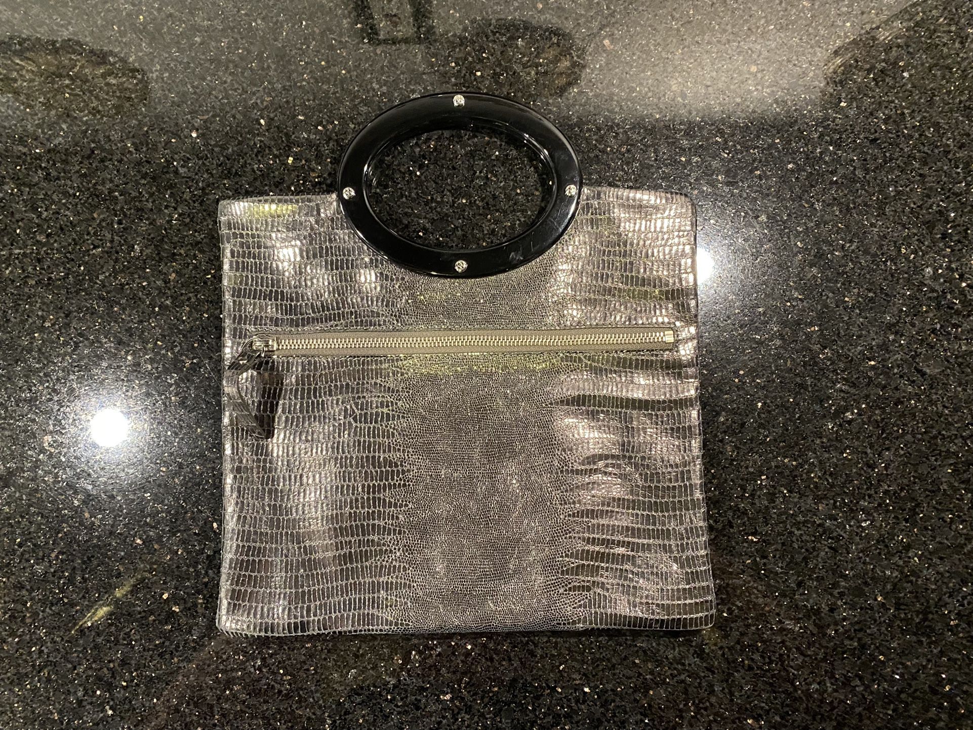 Kate Spade Hoop Handle Wristlet Silver Metallic Fabric