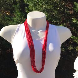 Beaded Necklace,Glass Seed Beads, Long Multi Strand, Handmade, Red Beaded Necklace,  Christmas Gift, Necklace, Bohemian Statement