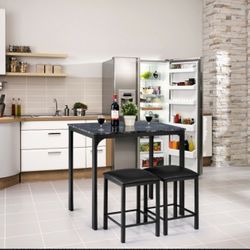 3 PCS Counter Height Dining Set Faux Marble Table 2 Chairs Kitchen Bar Brown