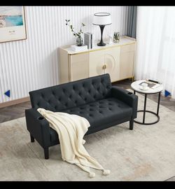 Black Faux Leather Tufted Futon Sofa