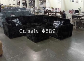 Stylish‼️4-Pc Black Fur-Like Sectional Sofa Sets 