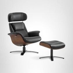 NEW - CHITA Genuine Leather Reclining Swivel Chair with Adjustable Headrest and Ottoman for Living Room, Black