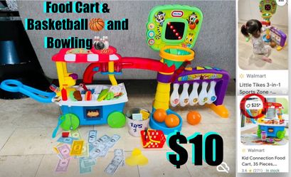$10 FOR ALL LITTLE TIKES BASKETBALL 🏀 & BOWLING 🎳 SET AND FOOD CART 🛒 & 30 ACCESSORIES