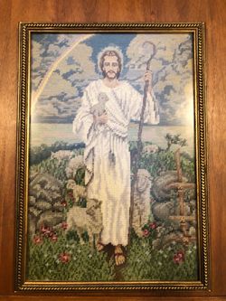 Vintage needlepoint framed Jesus Christ art