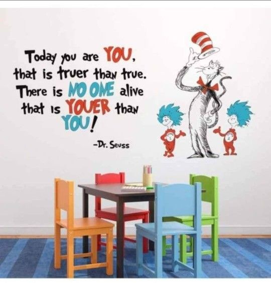NEW! Dr Seuss Wall Peel & Stick Decals Inspirational Quote "Today You are You..." Thing 1 Thing 2