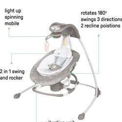 Baby Swing Ingenuity InLighten 2-in-1 Baby Swing & Rocker - Vibrations, Nature Sounds, Swivel Infant Seat, Light Up Motorized Mobile - Spruce