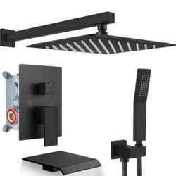 16 Inch Ceiling Mount Matte Black Shower System Bathroom Luxury Rain Mixer Shower Combo Set Ceiling Rainfall Shower Head System (Contain Shower Faucet